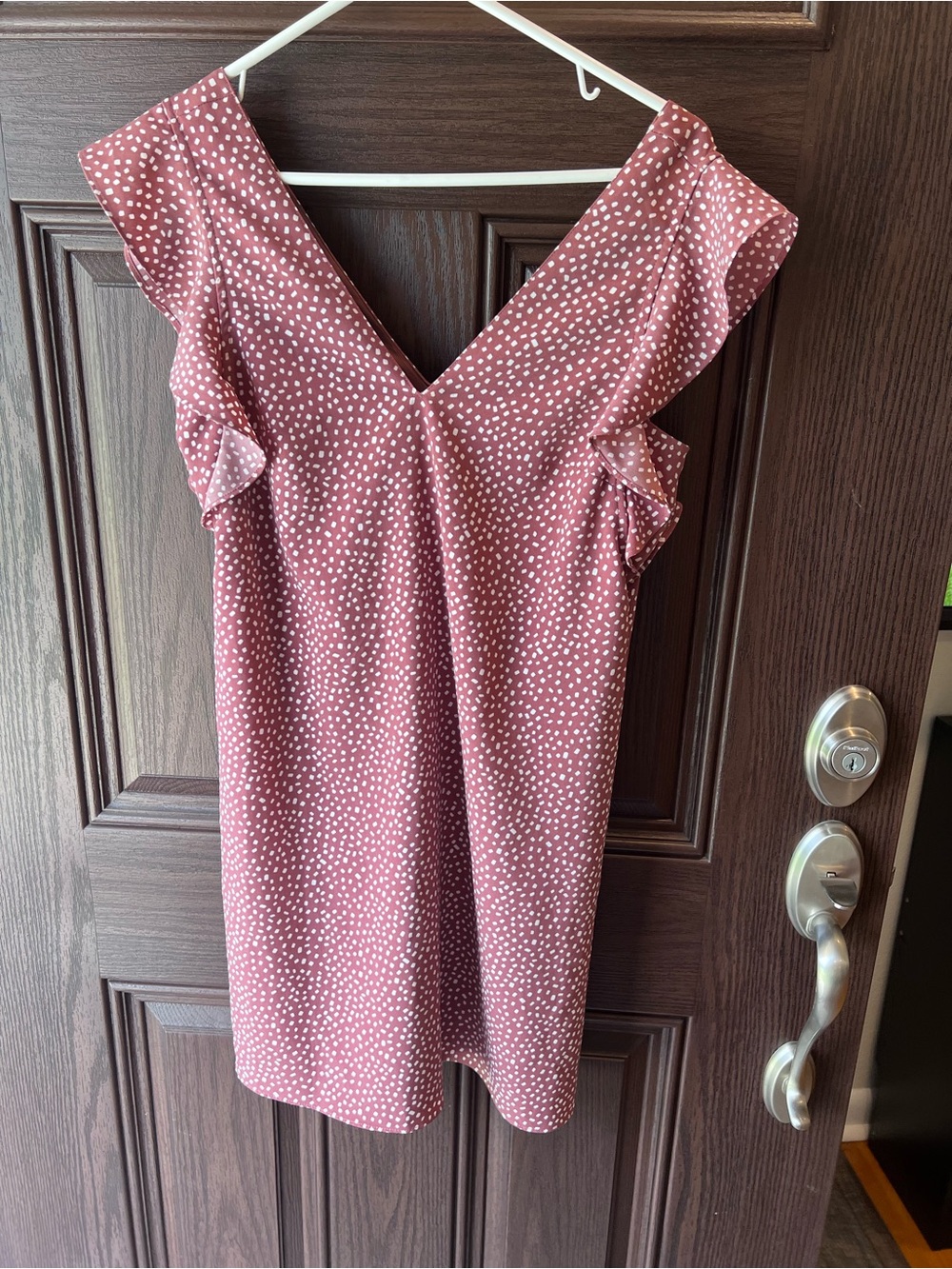 Express Mauve Pink Polka Dot Ruffle V-Neck Mini Dress